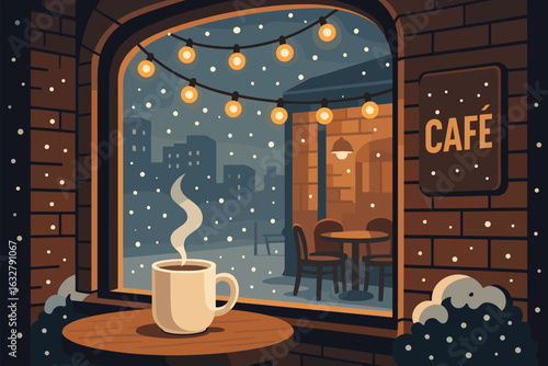 Warm coffee by the window as snow falls gently outside a cozy cafe during winter evenings