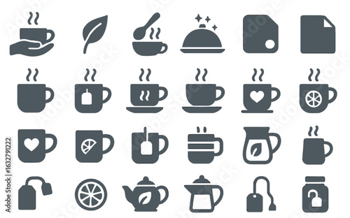 Coffee and tea icons showcasing various cups, teapots, and utensils in a minimalist design for beverage-themed illustration