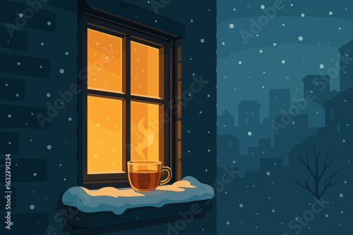 Warm cup of tea rests on snowy windowsill during a winter evening in a cozy urban setting