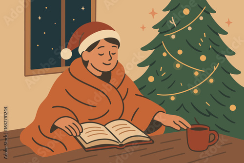 Cozy evening with a warm drink and a book by the Christmas tree in a serene room