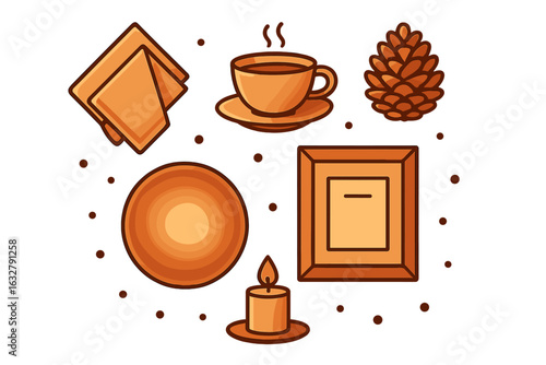Decorative elements featuring warm tones including a cup, pine cone, and candle arranged on a light background