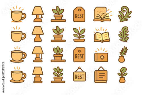Decorative icons featuring plants, lamps, books, and coffee in a cozy indoor setting for relaxation and comfort