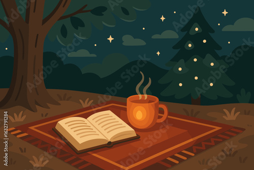 Cozy evening reading under the stars with a warm drink and a book on a blanket in nature