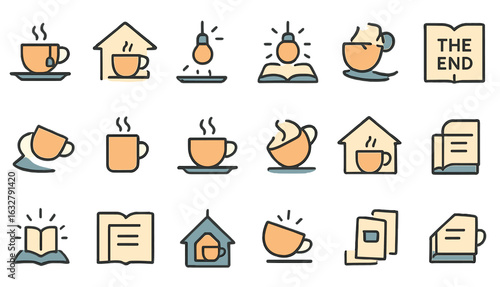 Cozy illustrations of beverages, books, and home elements evoke a warm reading atmosphere for relaxation