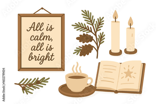 Warm cozy winter still life featuring candles, a book, and a coffee cup with a calming quote
