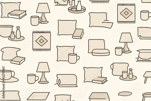 Pattern of home decor elements such as pillows, lamps, and books on a beige background showcasing a cozy interior design concept