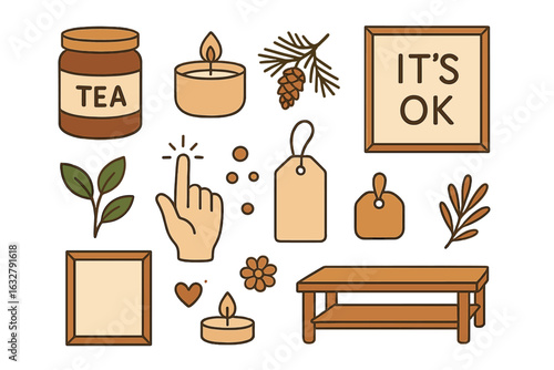 Decorative elements showcasing a cozy home aesthetic with tea, candles, and nature motifs for a calming atmosphere