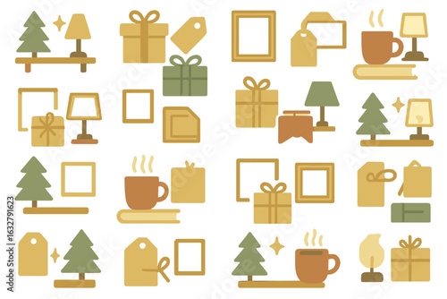 Holiday-themed pattern featuring gifts, trees, and cozy items for festive decoration and gifting ideas
