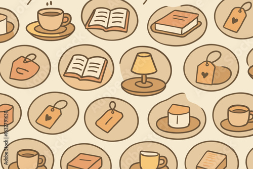 Cozy collection of illustrated items creating a warm ambiance for leisure reading and relaxation