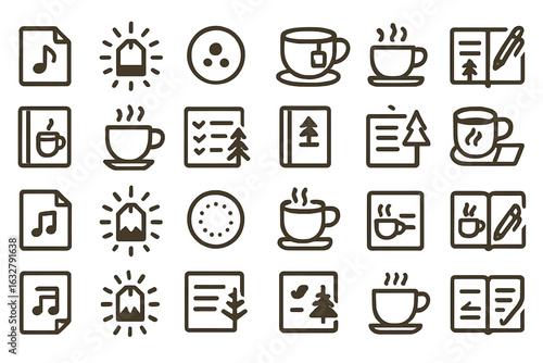Creative workspace with coffee, music notes, and nature illustrations for inspiration and productivity