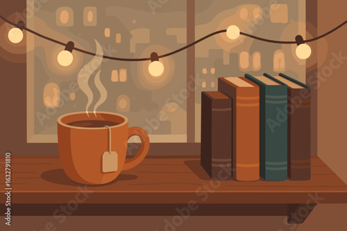 Cozy evening with a steaming cup of tea and books near a softly lit window in a city apartment