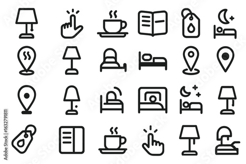 Various icons representing elements of hospitality and comfort at a cozy lodging facility