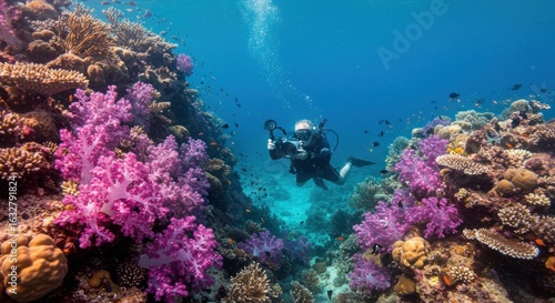 Underwater diver exploring vibrant coral reef