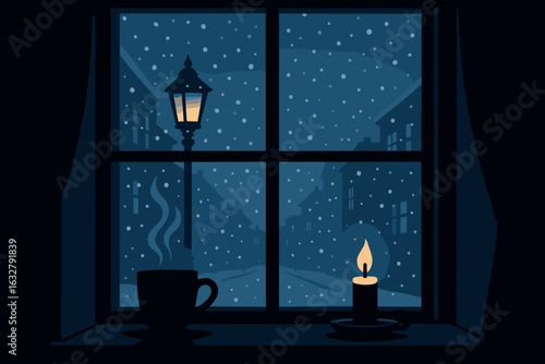 Cozy winter evening with snow falling outside a warmly lit window featuring a steaming cup and a flickering candle