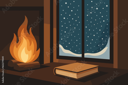 Cozy winter evening by the fireplace with snow falling outside a window and a book resting nearby
