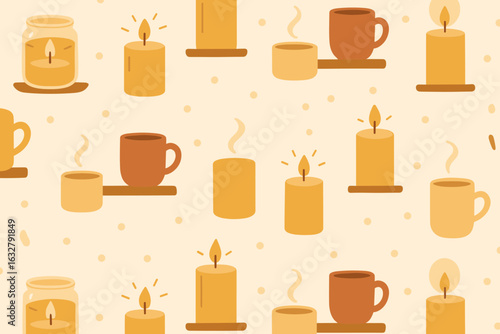 Stylish pattern featuring candles and cups in warm tones ideal for home decor and cozy settings
