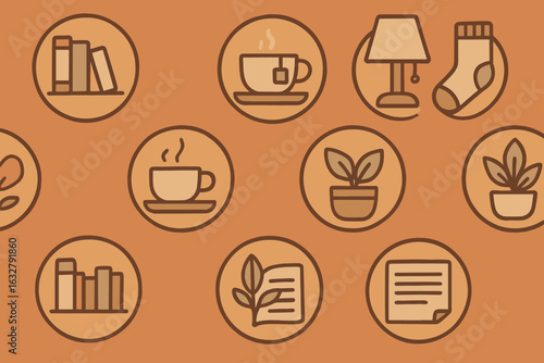 Cozy home elements featuring books, plants, and warm drinks creating a welcoming atmosphere