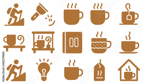 Symbols representing hiking and coffee culture along with brewing methods in a cozy setting