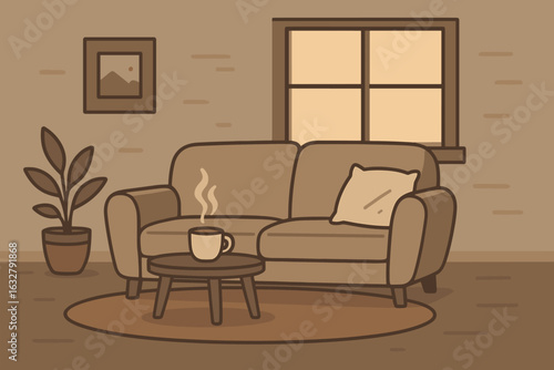 Cozy living room with a sofa, coffee cup, and plant in a warm, minimalist setting