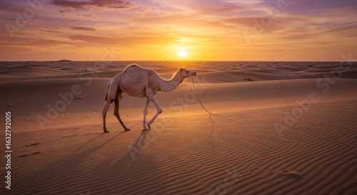 Camel at sunset in desert (1)