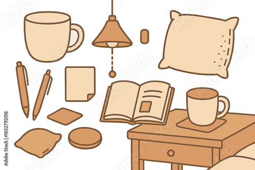 Cozy workspace with warm colors and essential items for productivity in a serene environment