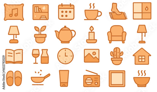 Illustrations of cozy home elements including furniture, plants, and daily items for a warm atmosphere and relaxing environment