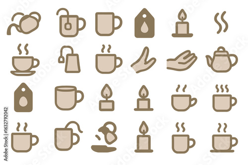 Collection of tea and coffee related icons featuring mugs, teapots, candles, and brewing elements in a minimalistic style