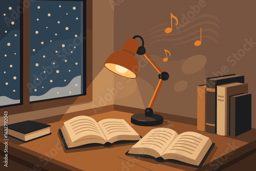 Cozy reading nook with books and lamp beside snowy window, perfect for winter evenings