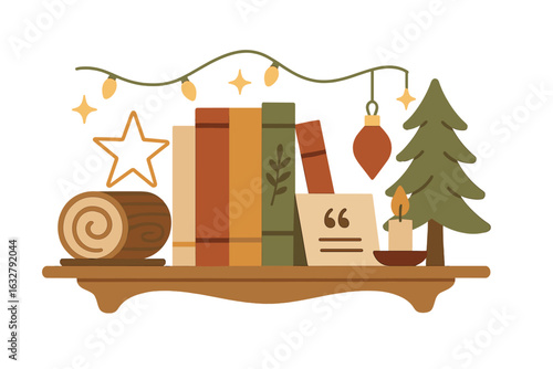 Cozy holiday bookshelf arrangement with decorative items and warm lighting