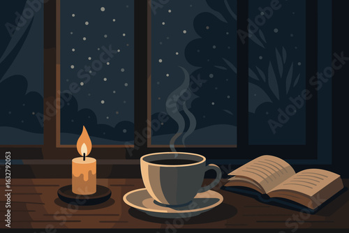 Cozy evening with a warm cup of coffee and a book by the candlelight during winter