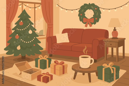 Cozy holiday living room decorated with a Christmas tree, gifts, and warm lights for festive celebrations
