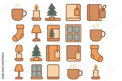 Cozy winter-themed illustration featuring warm beverages, festive decorations, and comforting elements for a serene atmosphere