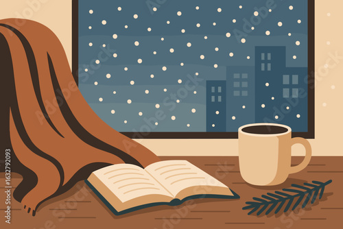 Cozy winter evening at home with a warm blanket, book, and coffee by the window during snowfall