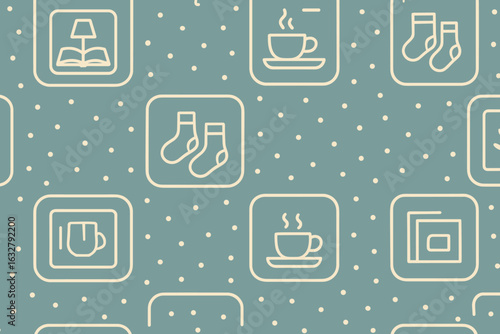 Cozy illustration featuring minimalistic icons of books, coffee, socks, and more on a textured blue background