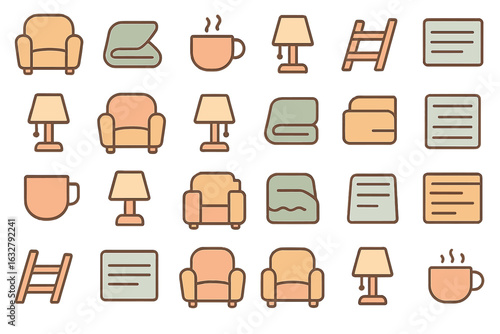 Cozy home interior icons featuring furniture and decor items for relaxation and comfort in a modern setting