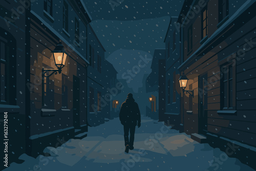 Snowy evening walk through quiet streets with warm lamplight illuminating the path