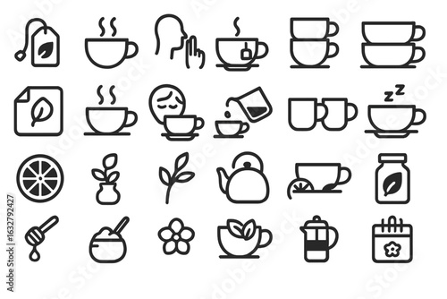 Collection of simple tea and coffee line icons depicting various beverages, ingredients, and accessories for cozy moments
