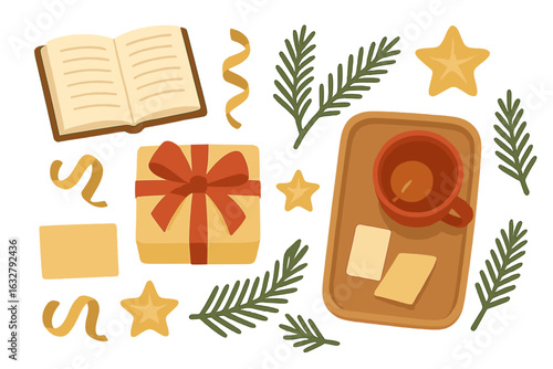 Cozy winter evening with a warm drink, a gift, and festive decorations on a wooden tray