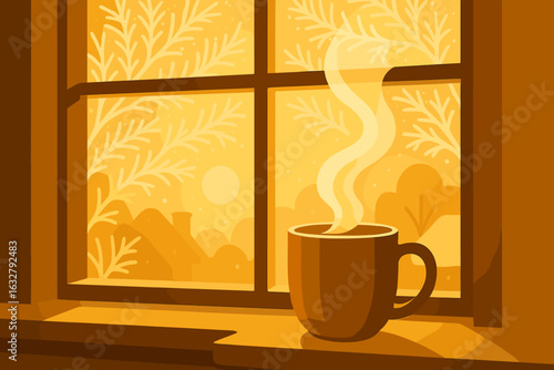 Warm cup of coffee steaming by the window during a cozy morning at home in autumn with a soft golden light