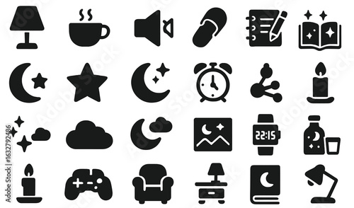 Icons representing nighttime activities and relaxation in a cozy environment with coffee, games, and candlelight