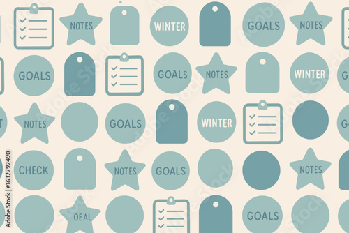 Colorful patterns display notes, goals, and winter themes in an organized arrangement on a soft background