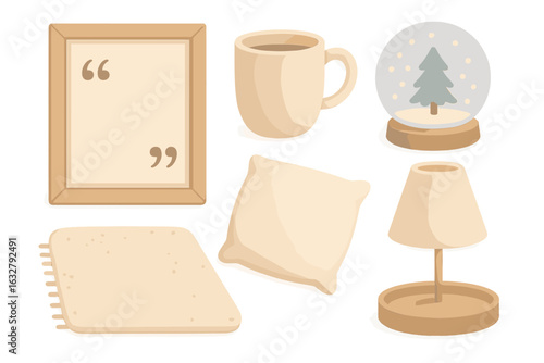 Decorative elements for a cozy and warm living space with neutral tones and soft textures at home