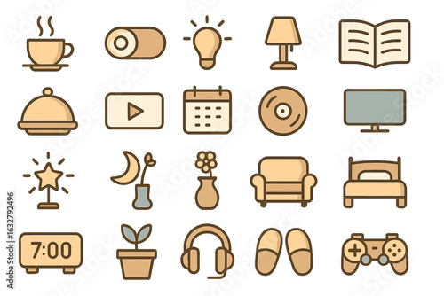 Collection of simple icons representing daily activities in a home setting during the daytime