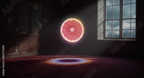 Floating grapefruit in a dark room
