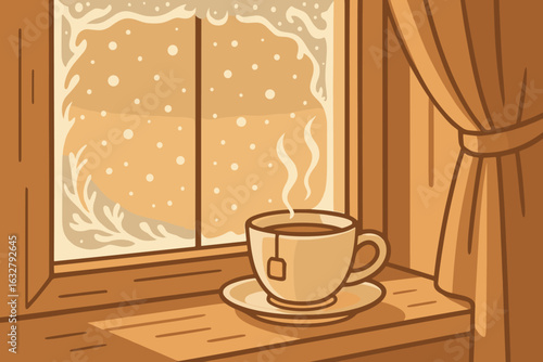 Warm cup of tea on a cozy windowsill with snowfall outside during winter afternoon