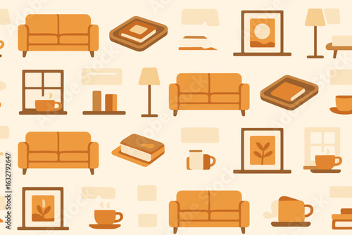 Cozy living room pattern featuring warm tones and various interior decor elements