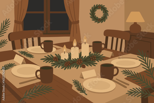 Dinner table set for a cozy gathering with candles and pine decorations during winter evening