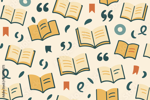 Colorful pattern featuring open books, quotes, and reading elements suitable for educational backgrounds and literary themes