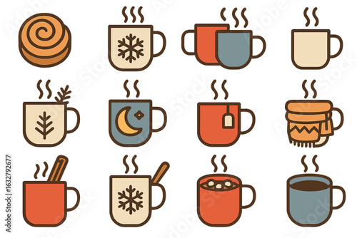 Explore a cozy collection of warm beverages and seasonal treats featuring mugs in various designs and colors