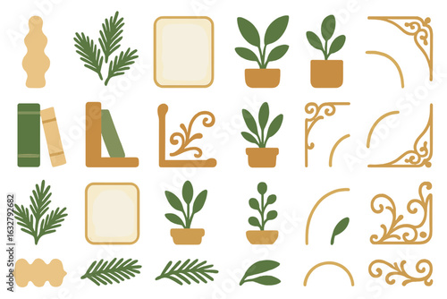 Decorative plants and design elements featuring pots, books, and natural motifs suitable for various artistic projects